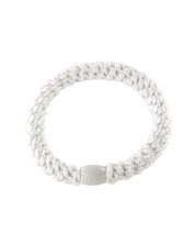 KKNEKKI white glitter hair elastic, front view, soft woven design