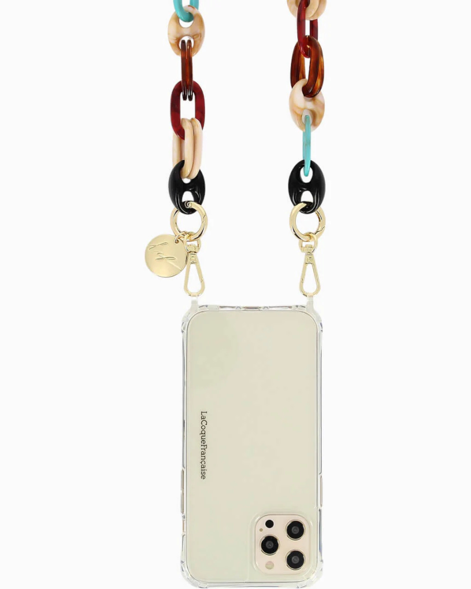 La Coque Française Amber resin chain attached to a clear phone case for crossbody wear.