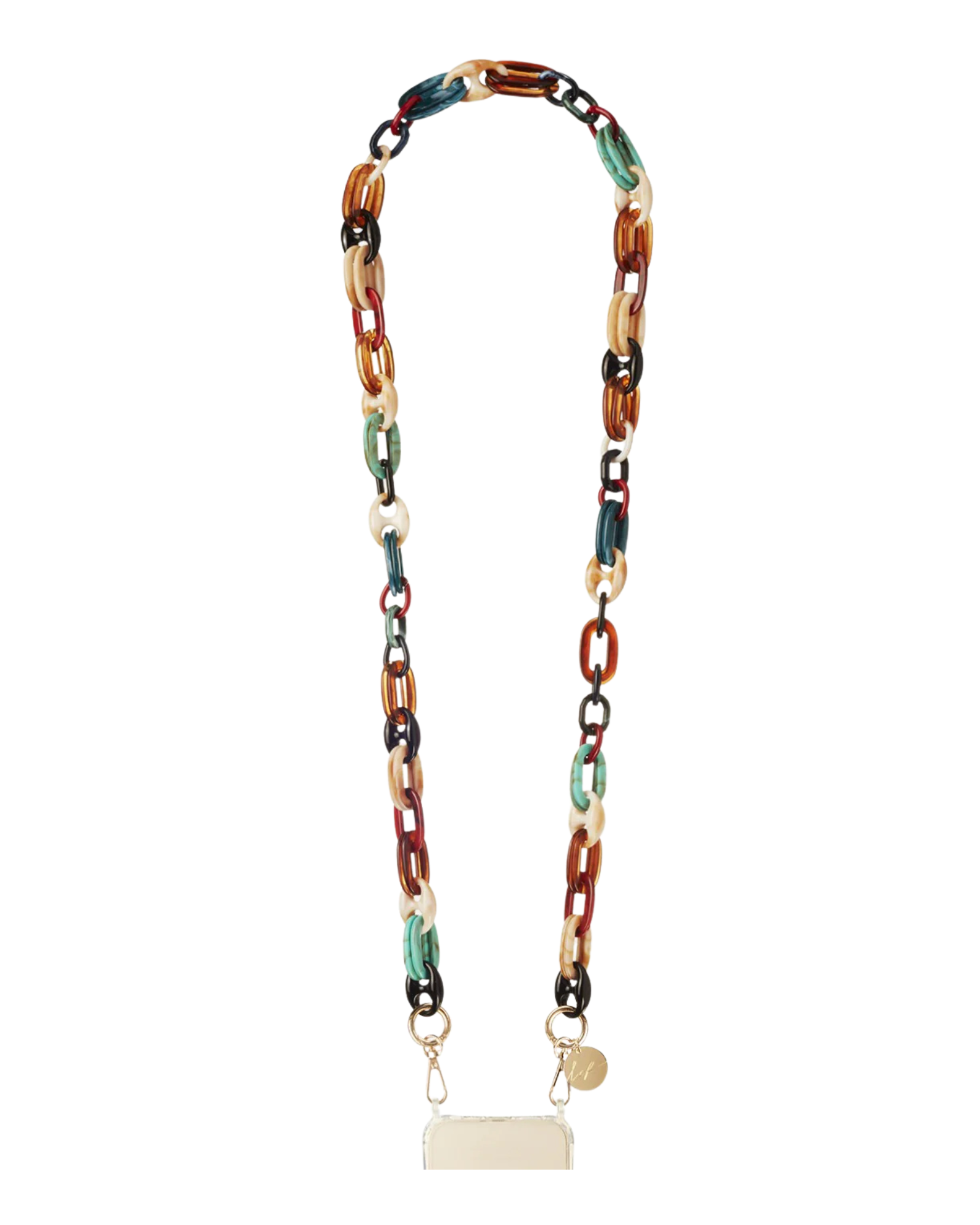 La Coque Française Amber phone chain with turquoise and brown resin links.