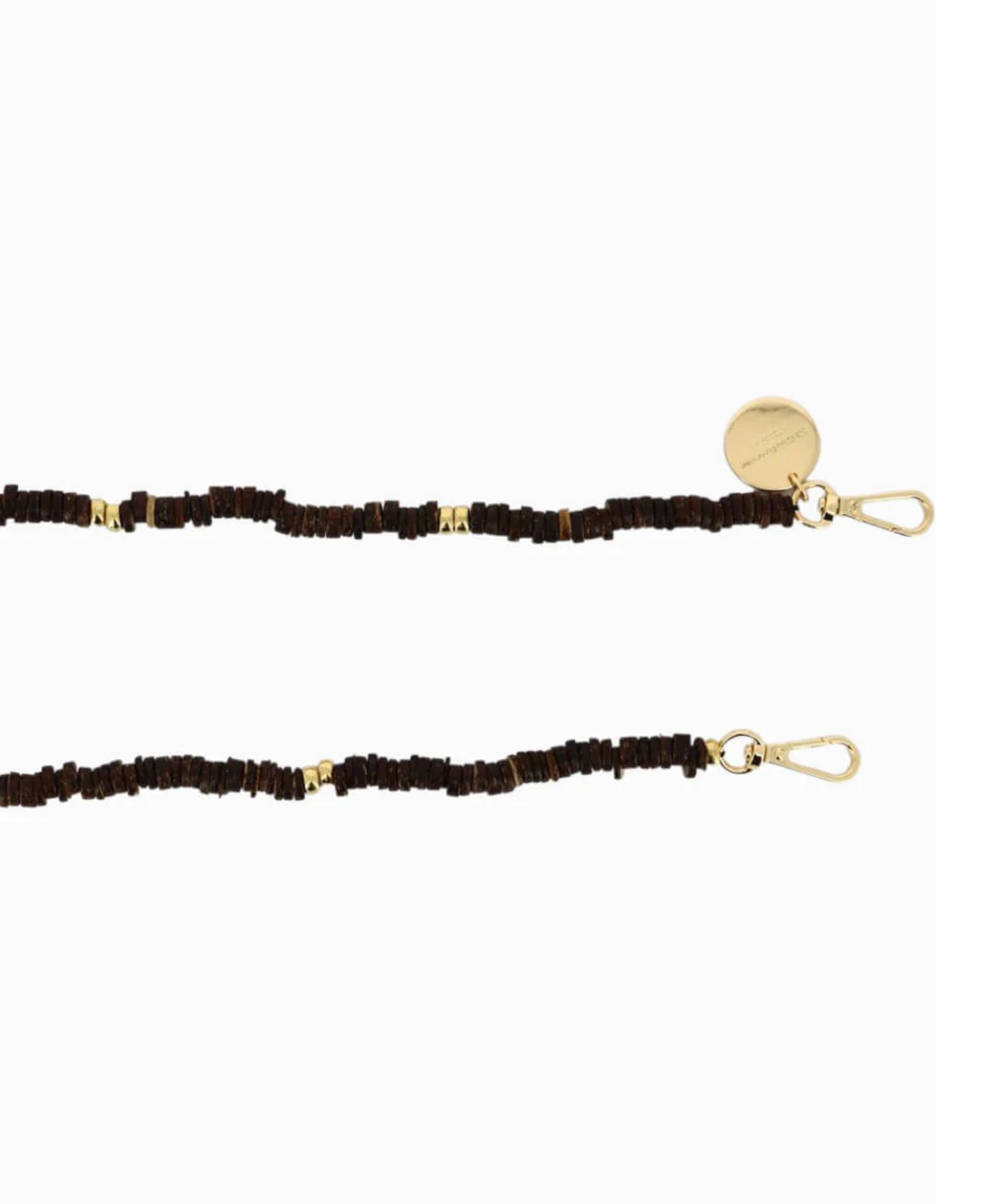 Close-up of the La Coque Française Gaby phone chain's chocolate brown wooden beads, gold-tone spacers and clasps.
