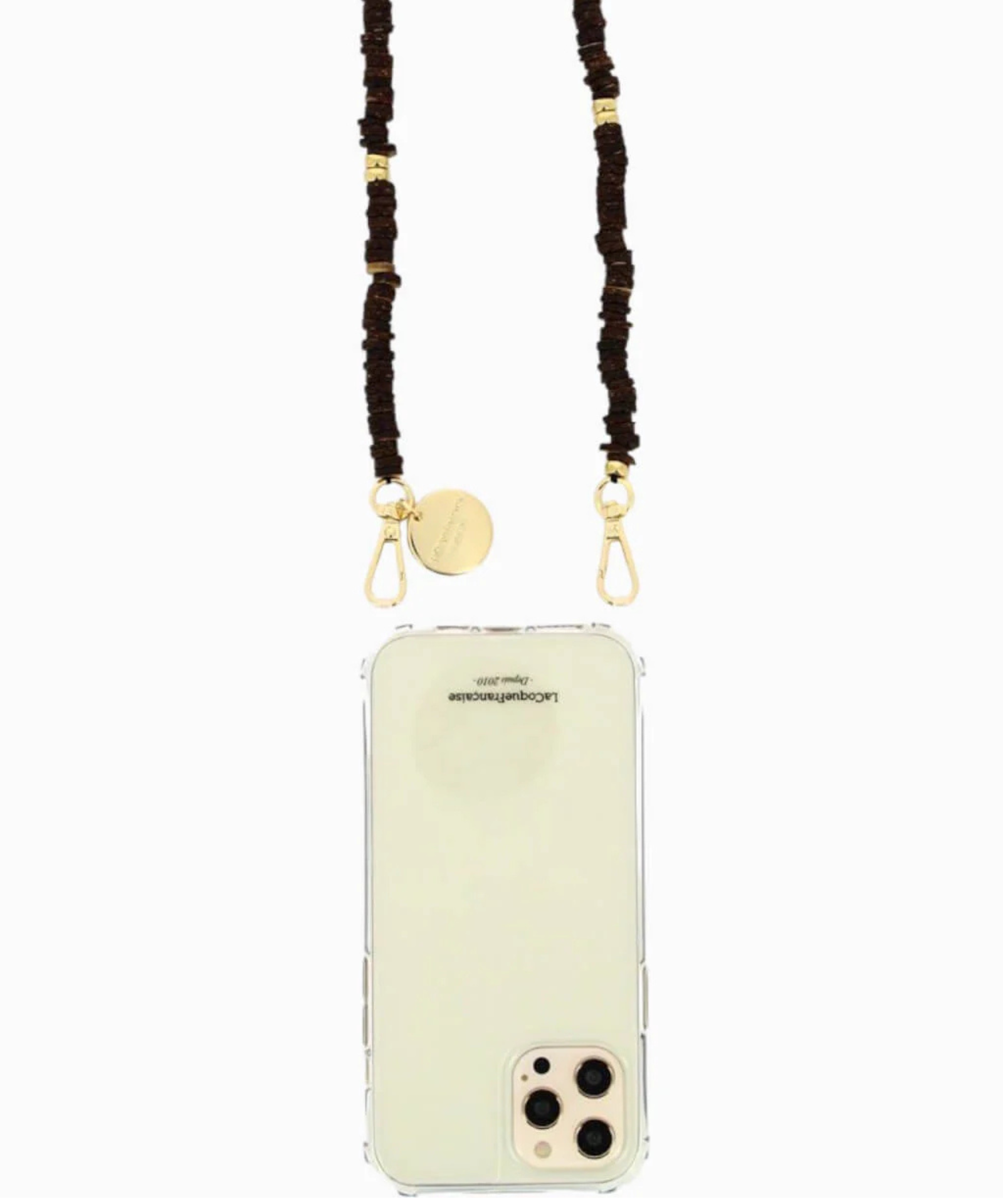 La Coque Française Gaby phone chain with chocolate brown wooden beads and gold-tone accents.