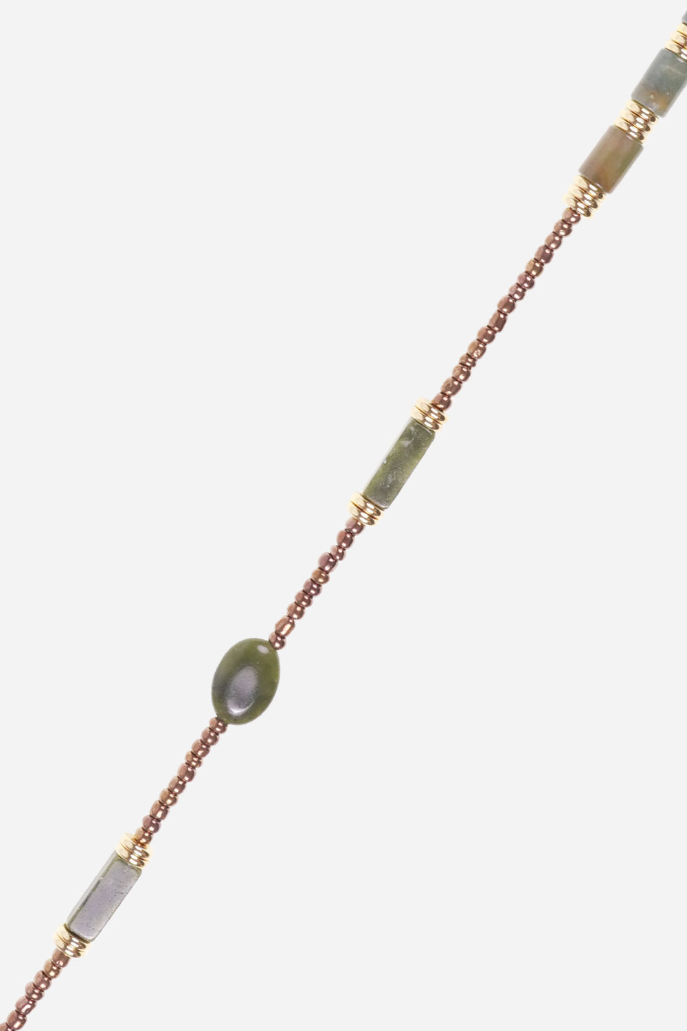 Close-up of the La Coque Française Izzie beaded phone chain in sage green