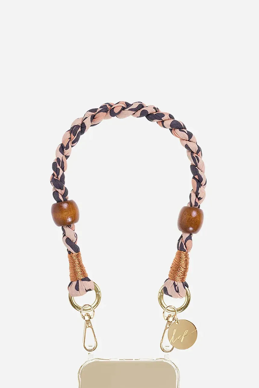 40cm braided leopard print phone strap by La Coque Française with gold carabiners