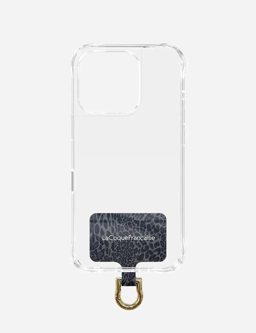 La Coque Française universal phone chain connector in a grey leopard pattern, shown inside a clear case to show how it fits any smartphone.