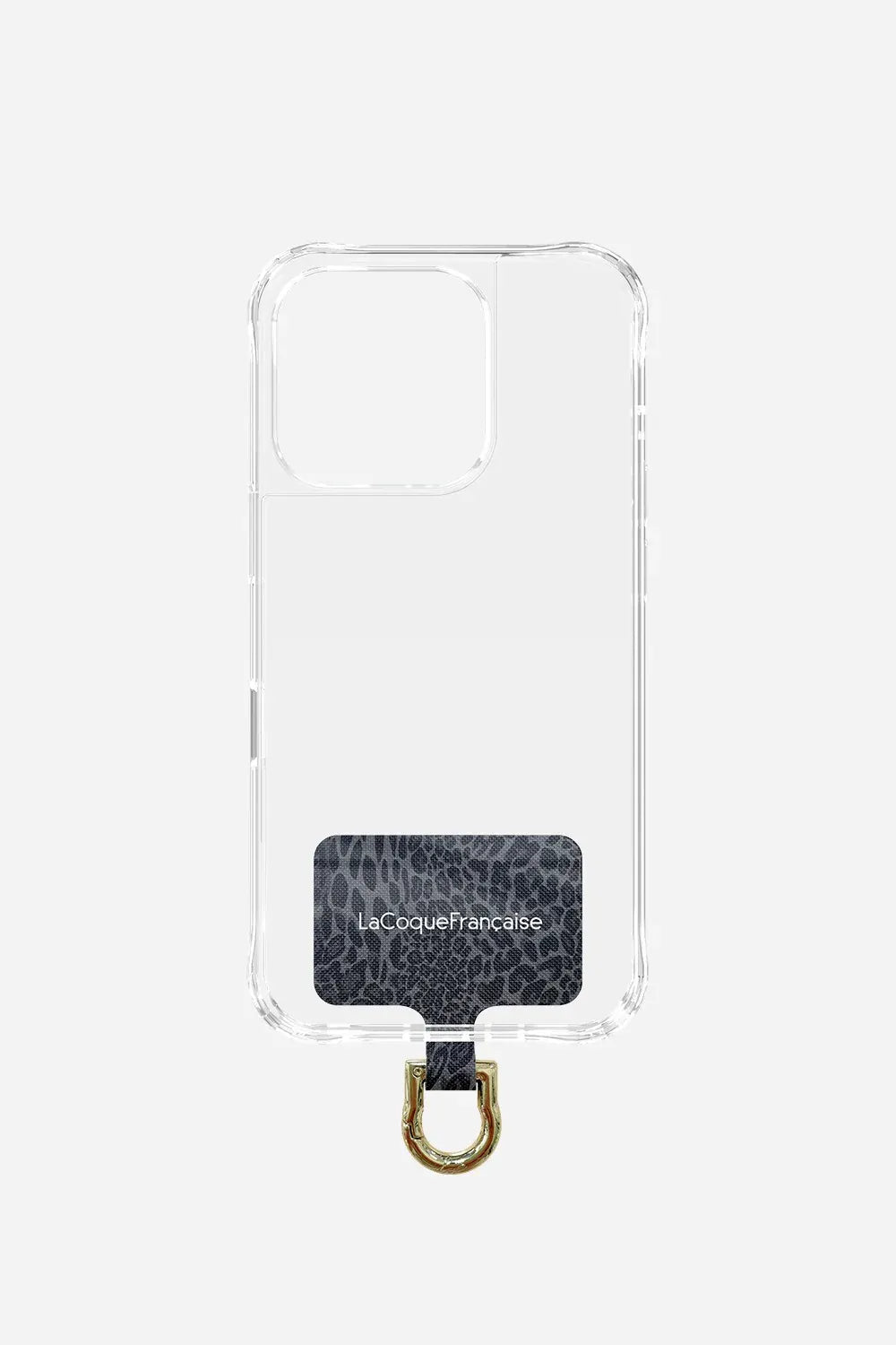 La Coque Française universal phone chain connector in a grey leopard pattern, shown inside a clear case to show how it fits any smartphone.