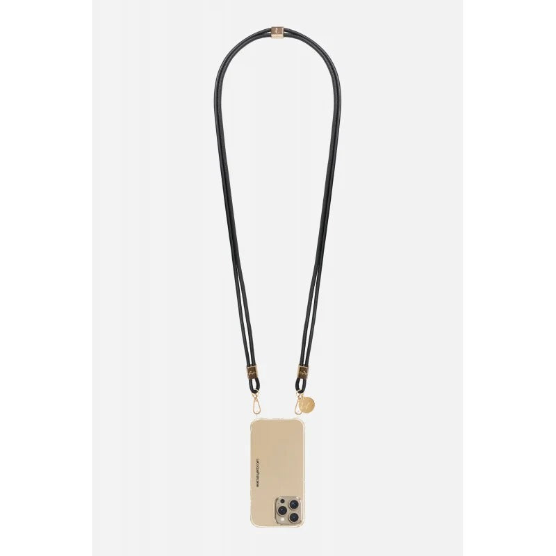 Nathan plain black vegan leather phone strap with gold-tone lobster clasps by La Coque Française