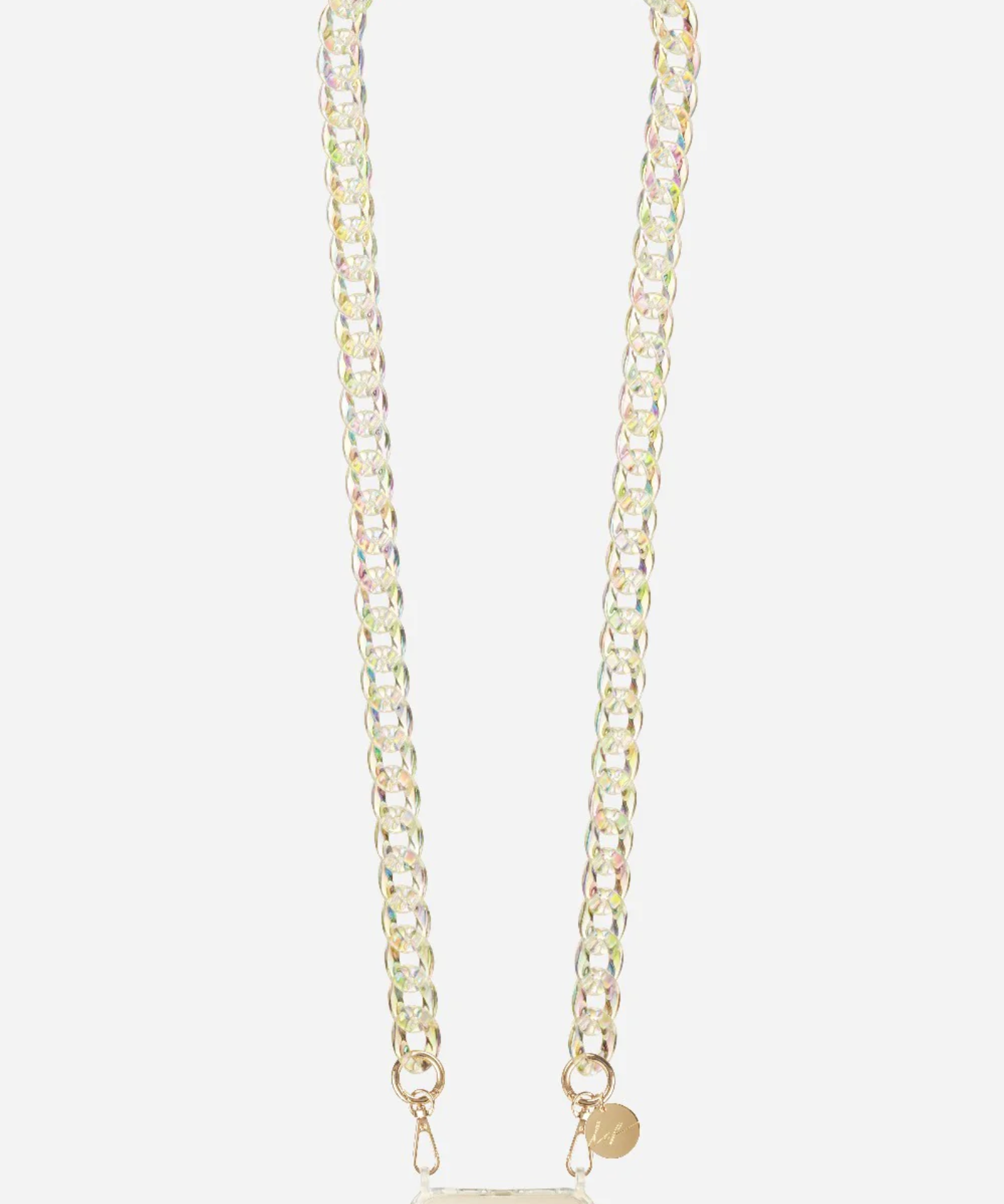 La Coque Française Sarah phone chain in iridescent holographic crystal resin links, full length.