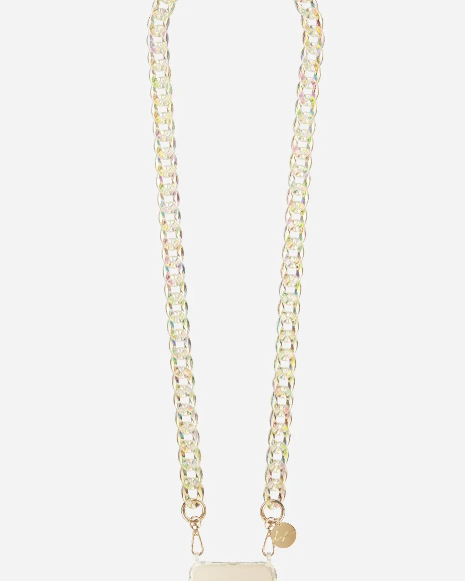 La Coque Française Sarah phone chain in iridescent holographic crystal resin links, full length.
