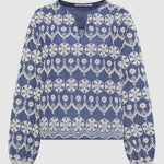 Lanius blue organic cotton blouse with white embroidery