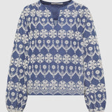 Lanius blue organic cotton blouse with white embroidery