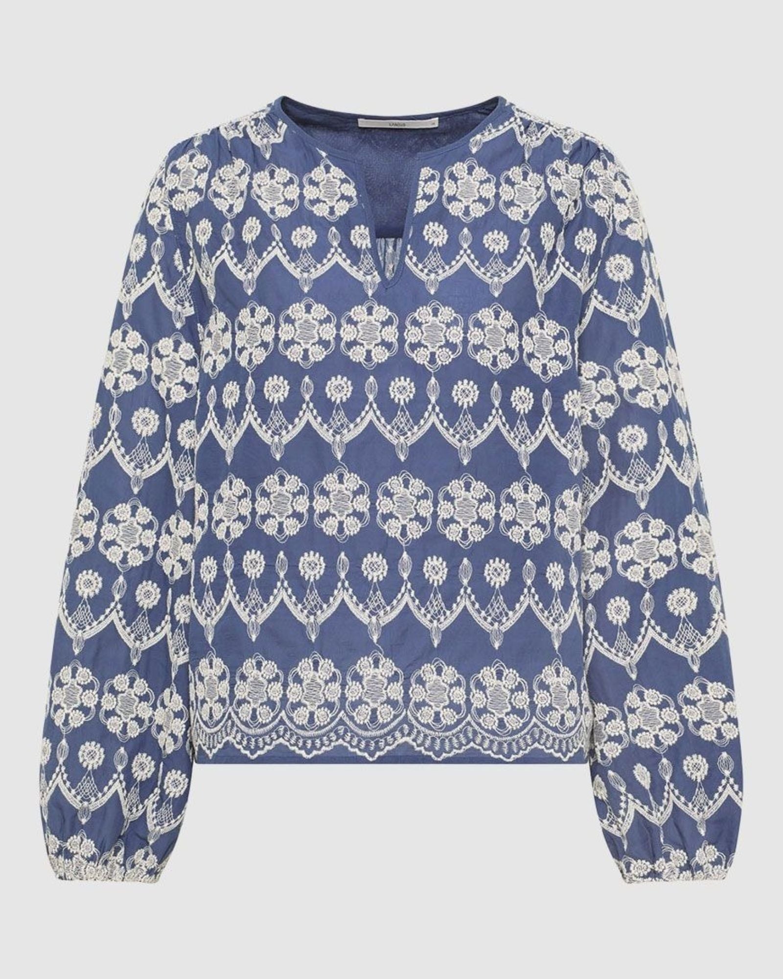 Lanius blue organic cotton blouse with white embroidery