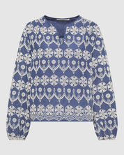 Lanius blue organic cotton blouse with white embroidery