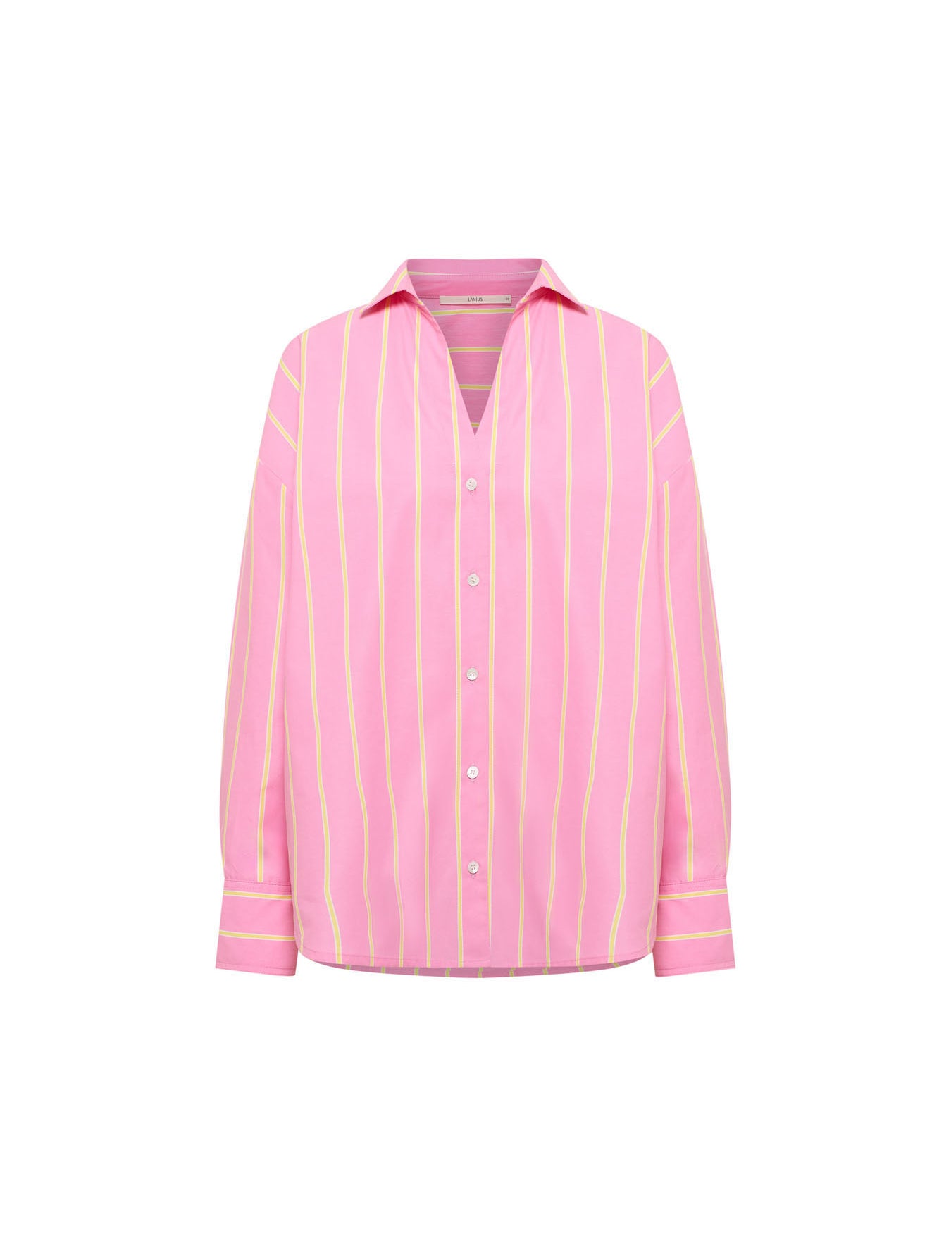 Studio flatlay view of the LANIUS organic cotton striped shirt in bright orchid pink and sun yellow, showing the open collar and classic button-down front.