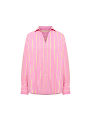 Studio flatlay view of the LANIUS organic cotton striped shirt in bright orchid pink and sun yellow, showing the open collar and classic button-down front.