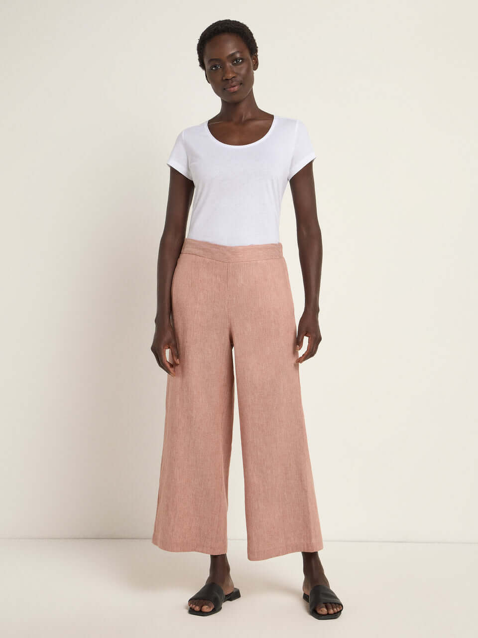 Full outfit featuring Lanius Culotte in Sky Way blue styled with a tucked-in blouse and flats – effortless daytime look