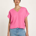 LANIUS orchid pink draped V-neck top in TENCEL Lyocell, front view
