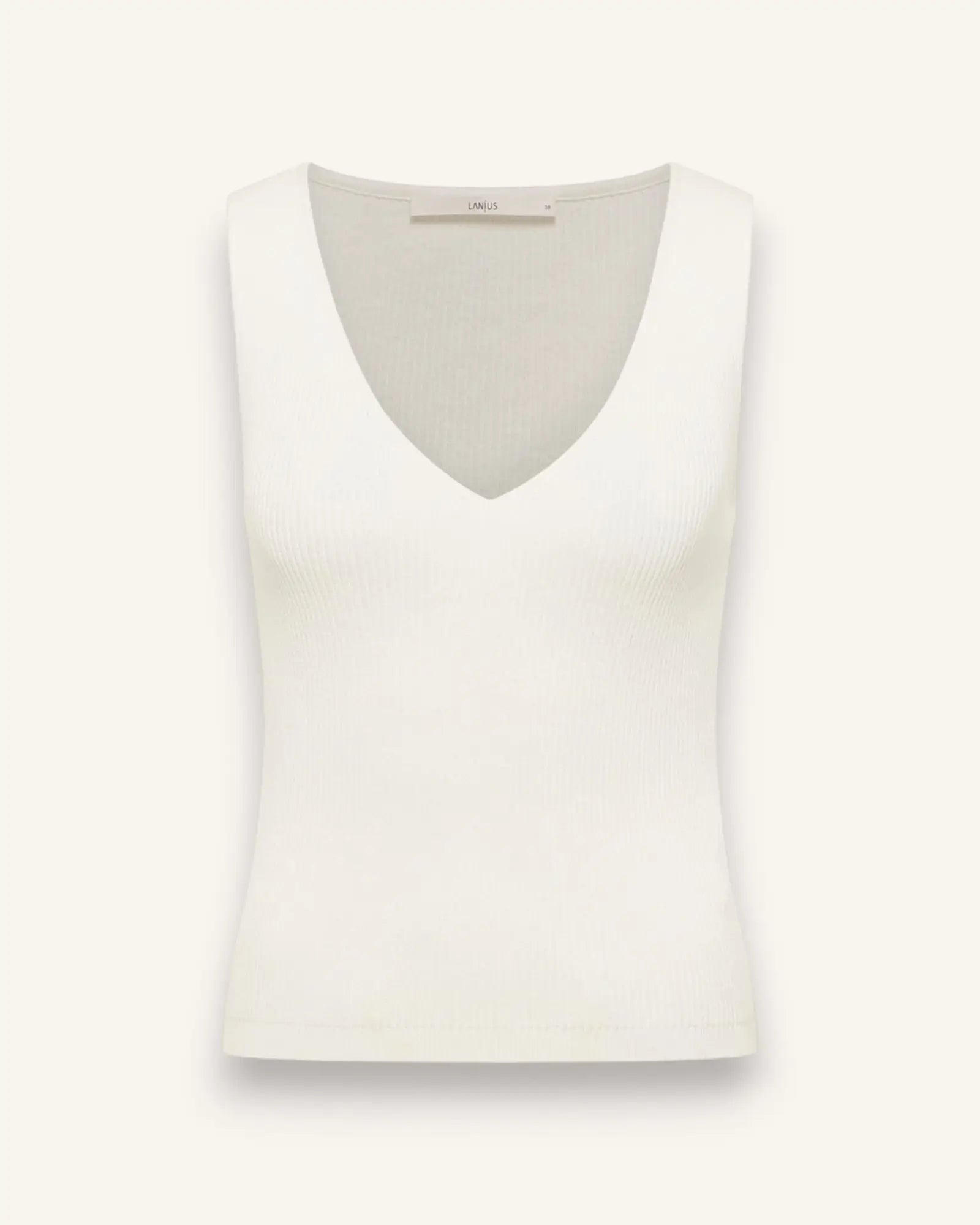 Lanius off-white rib knit tank top in organic cotton with a feminine V-neck and sleeveless slim-fit silhouette.