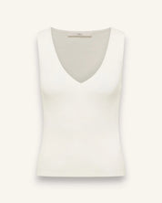 Lanius off-white rib knit tank top in organic cotton with a feminine V-neck and sleeveless slim-fit silhouette.