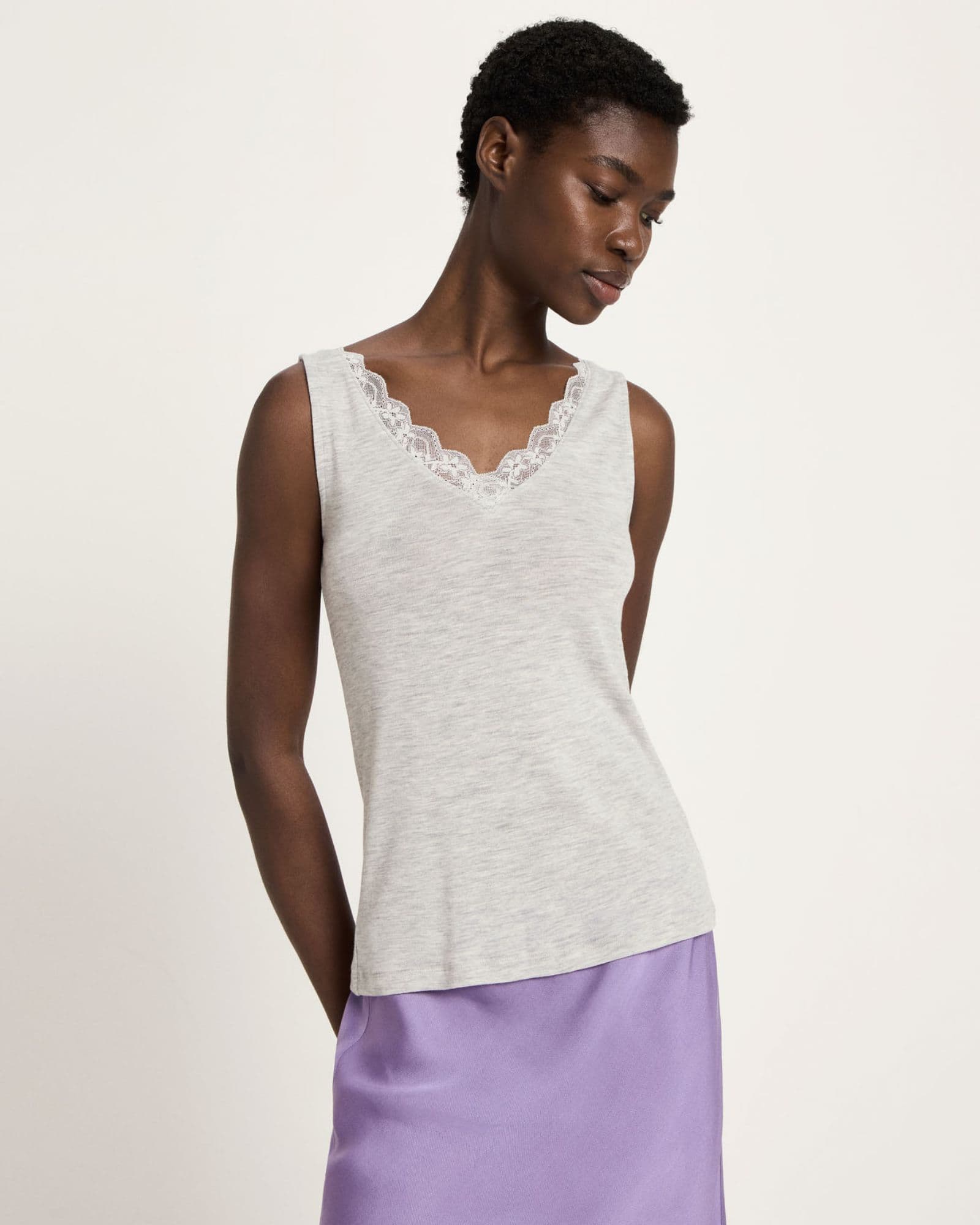 Lace Trim Organic Cotton Vest – Grey Marl by LANIUS — fair fashion in organic materials, view 2