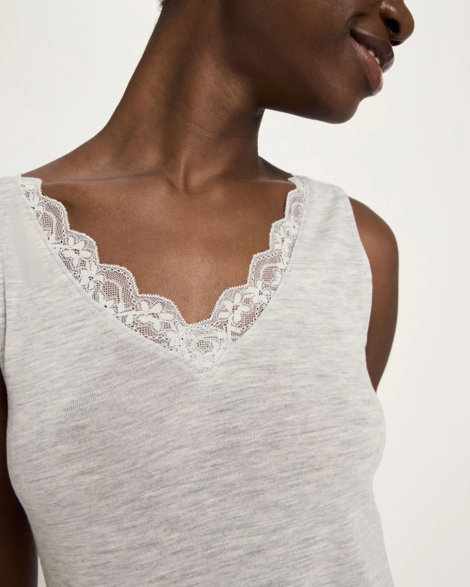Lace Trim Organic Cotton Vest – Grey Marl by LANIUS — fair fashion in organic materials, view 3