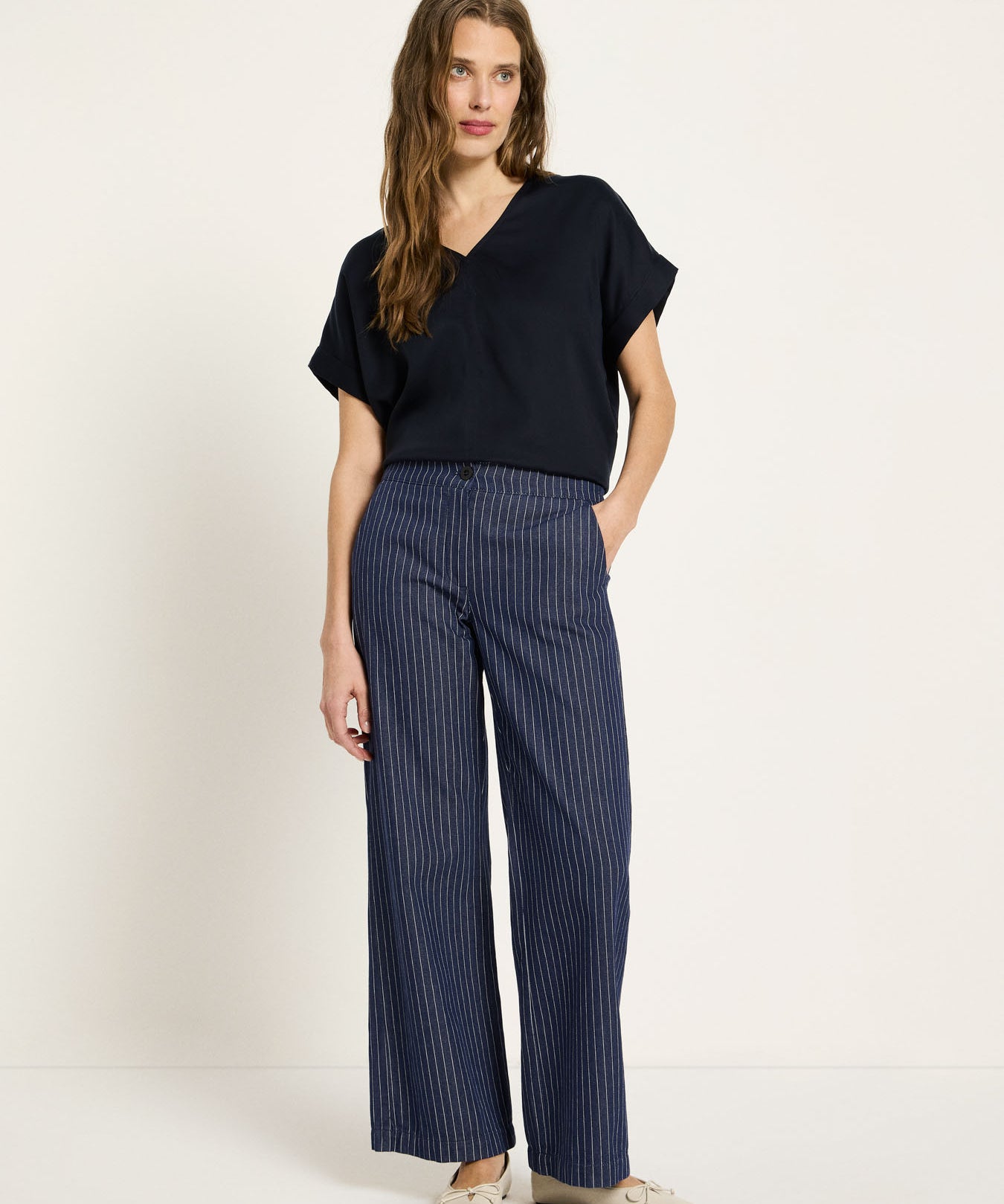 Marlene Pinstripe Trousers | Navy & White by LANIUS — fair fashion in organic materials, view 2