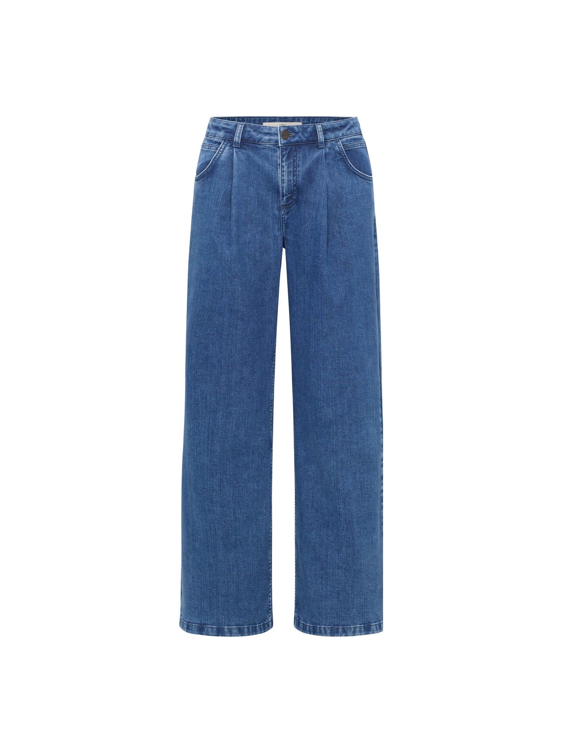 LANIUS Marlene pleated wide-leg jeans in mid-blue organic denim, front view