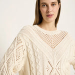 LANIUS ecru open-knit pointelle sweater in organic cotton, front view