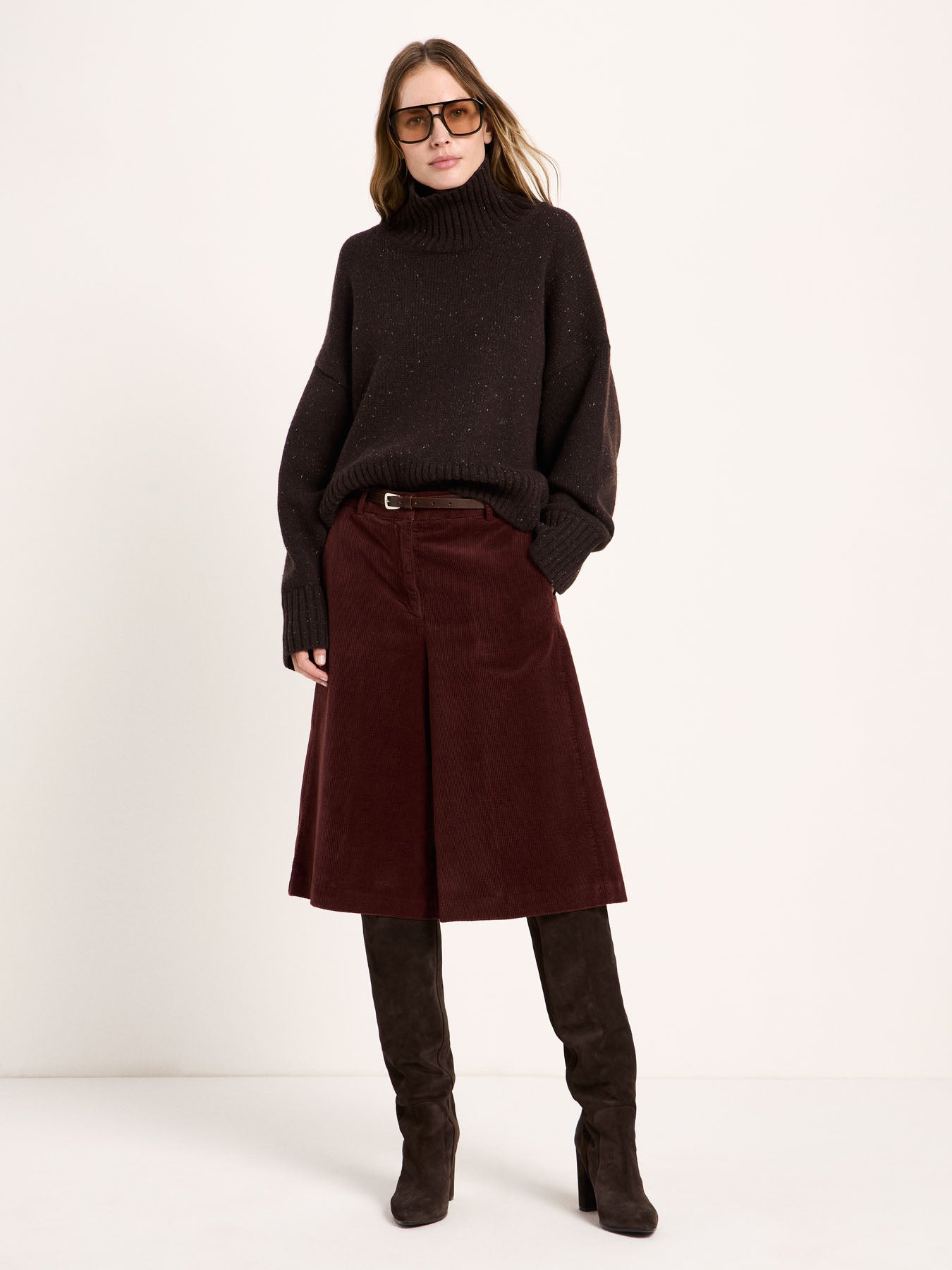 LANIUS oversized jumper in chocolate tweed with a ribbed high neck, another view