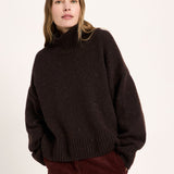 LANIUS oversized jumper in chocolate tweed with a ribbed high neck, front view