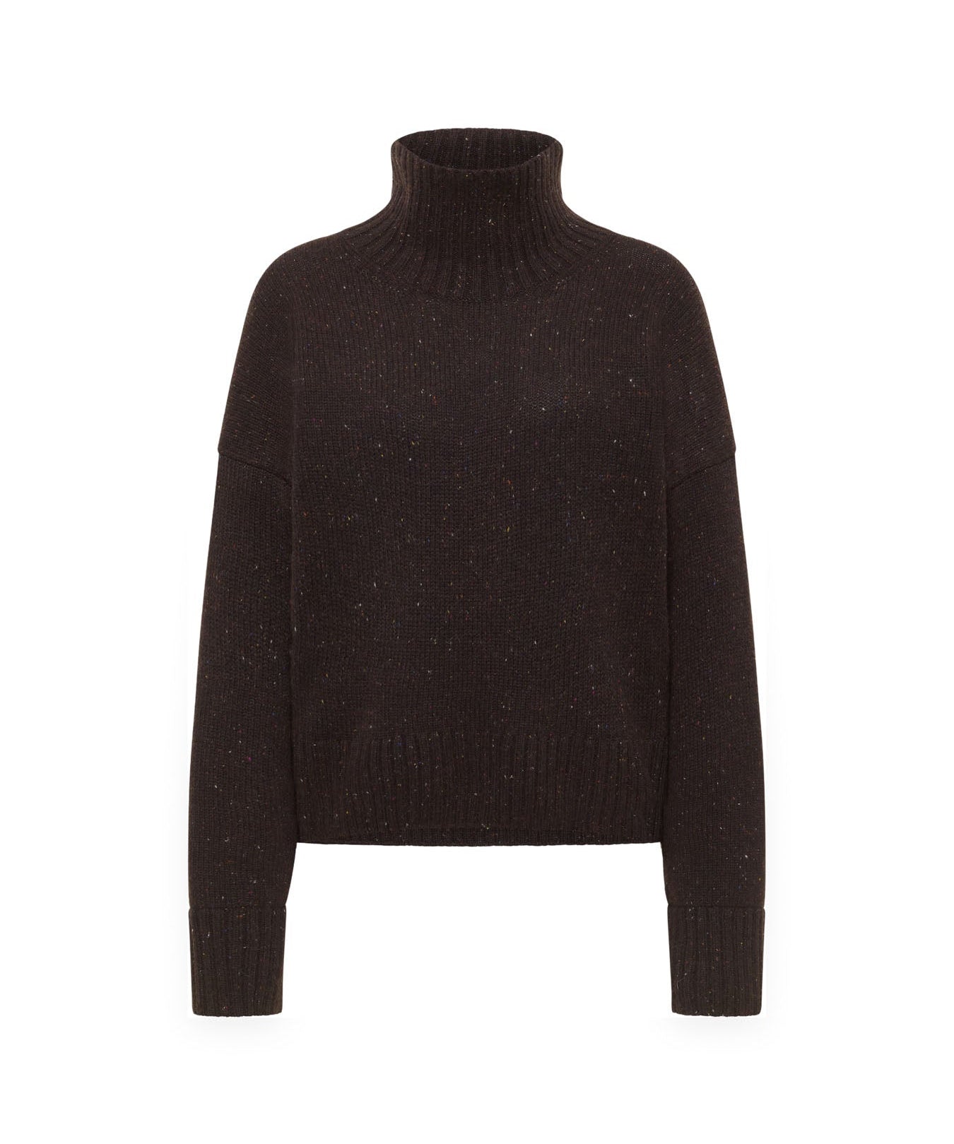 LANIUS oversized jumper in chocolate tweed with a ribbed high neck, front view