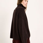 LANIUS oversized jumper in chocolate tweed with a ribbed high neck, side view