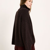 LANIUS oversized jumper in chocolate tweed with a ribbed high neck, side view