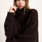 LANIUS oversized jumper in chocolate tweed with a ribbed high neck, another view