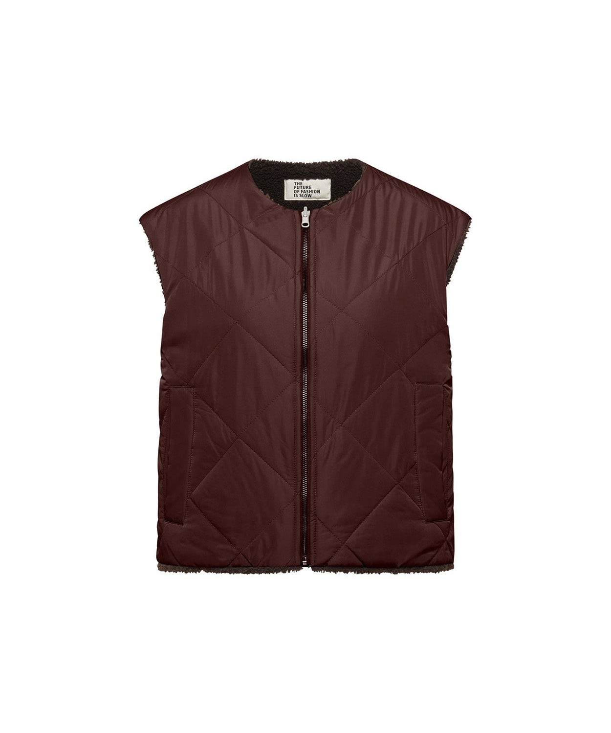 LANIUS reversible quilted jacket in chocolate with a boxy cut and zip, front view