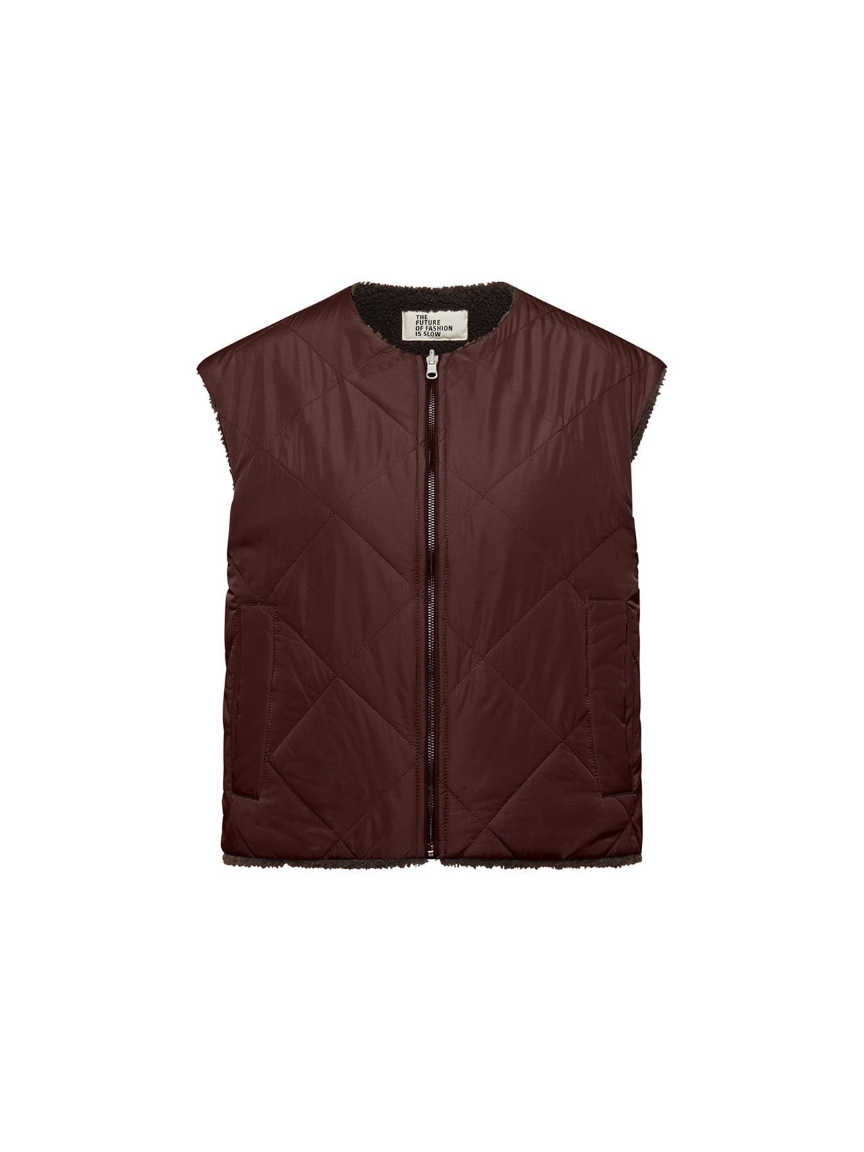 LANIUS reversible quilted jacket in chocolate with a boxy cut and zip, front view