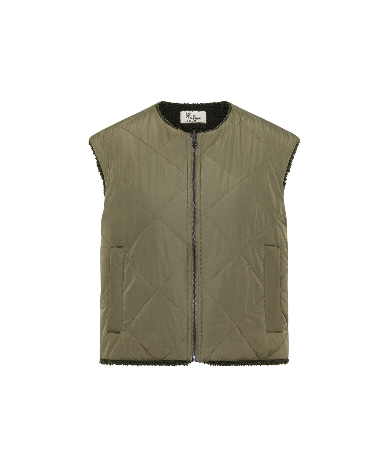 LANIUS reversible quilted jacket in turtle with a boxy cut and piped pockets, front view