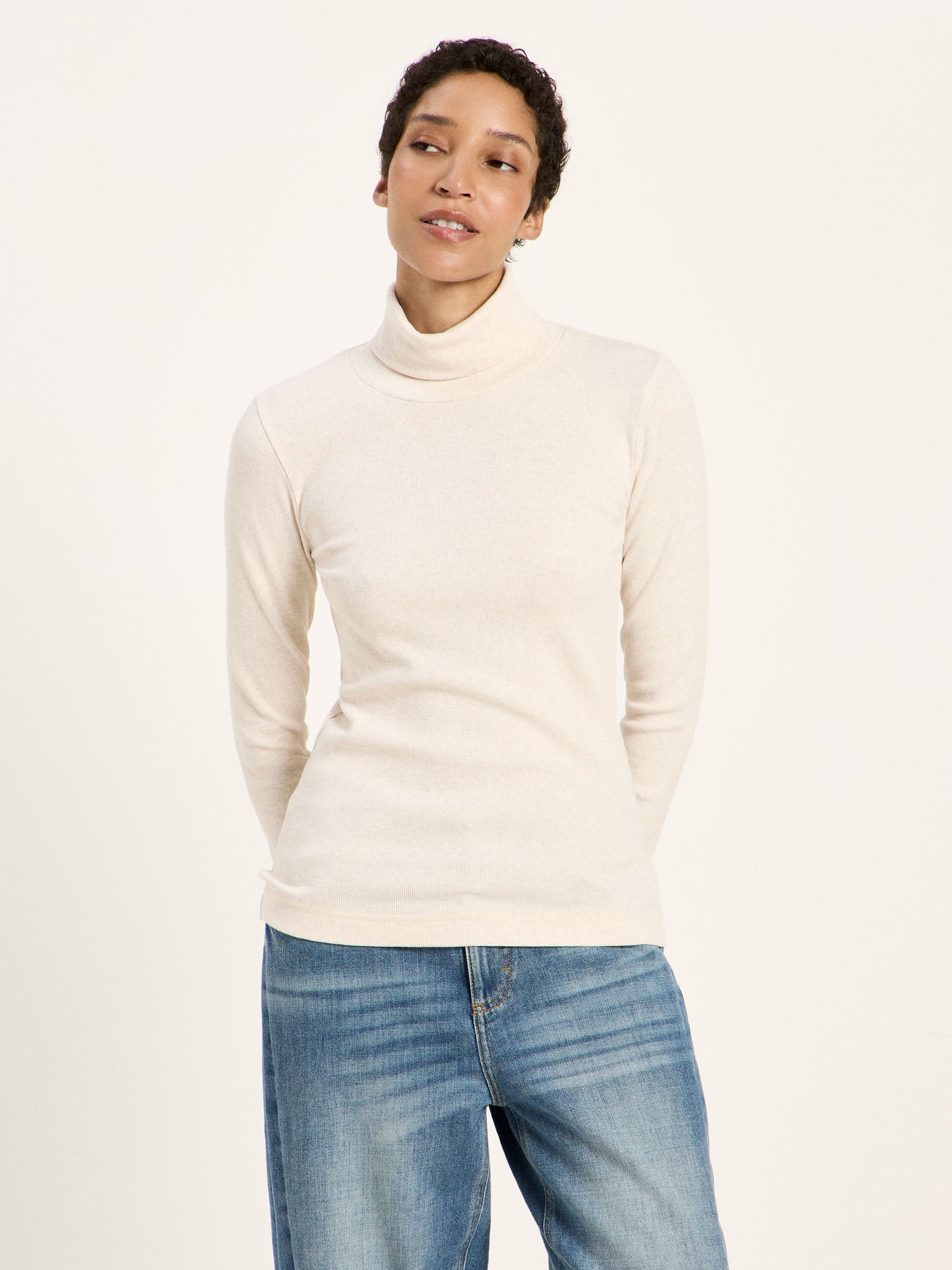 LANIUS ribbed roll-neck top in cream melange organic cotton, another view