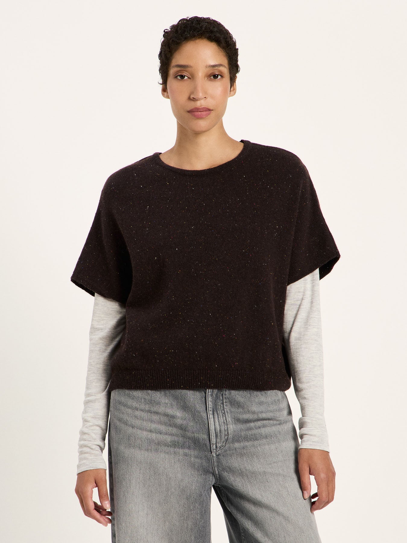 LANIUS sleeveless jumper in chocolate tweed knit, another view
