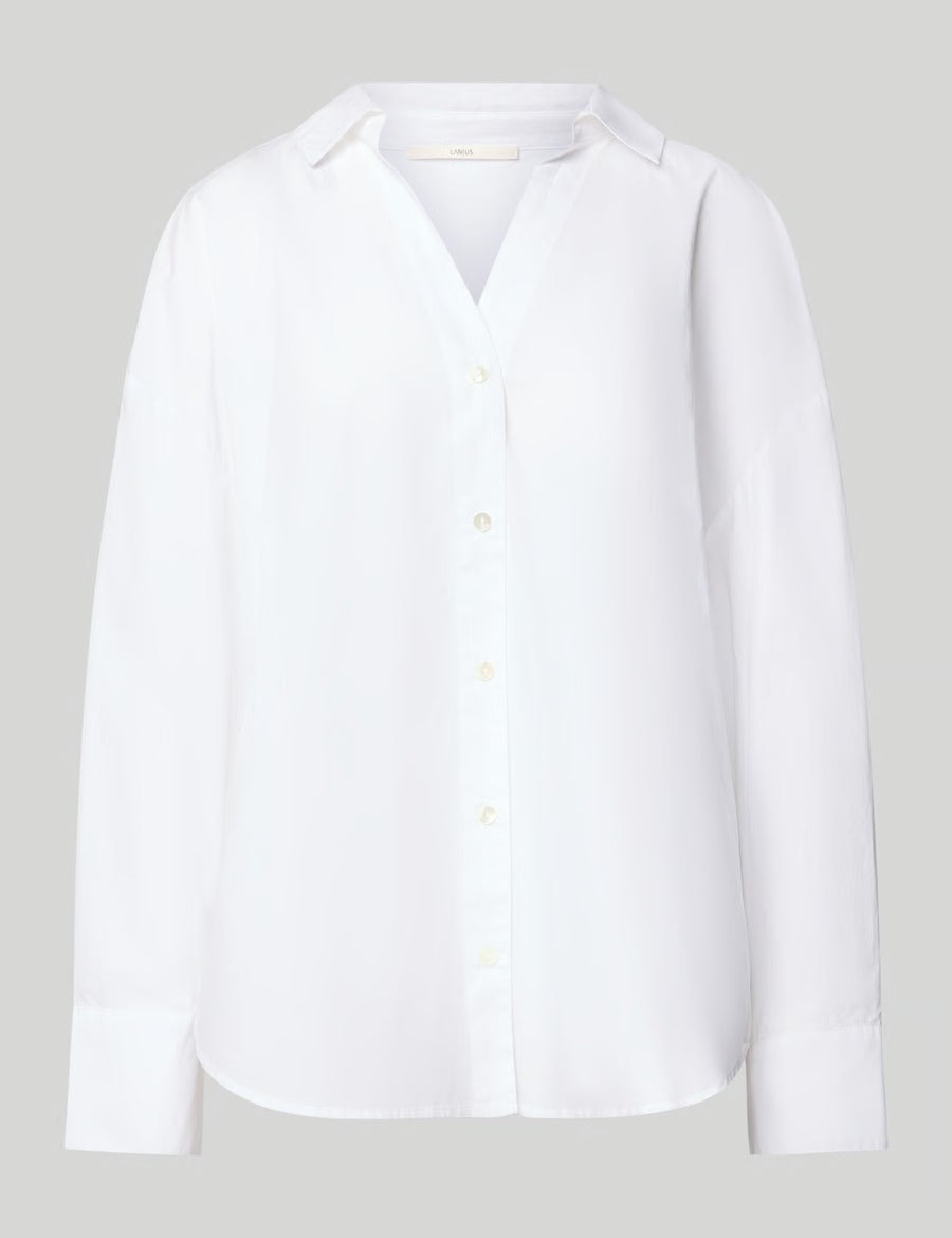 Lanius oversized white shirt showing the collar and button details