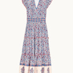 Mabe Apparel Della maxi dress in blue and pink Thai-inspired floral print cotton with a V-neck.