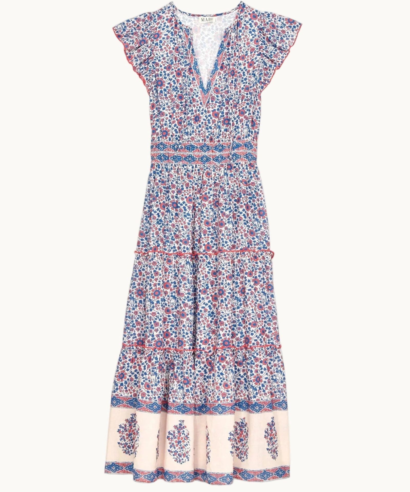 Mabe Apparel Della maxi dress in blue and pink Thai-inspired floral print cotton with a V-neck.