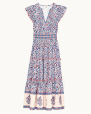 Mabe Apparel Della maxi dress in blue and pink Thai-inspired floral print cotton with a V-neck.