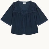 Mabe Apparel navy blue cotton dobby blouse with floral embroidery and lace trim details.