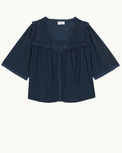 Mabe Apparel navy blue cotton dobby blouse with floral embroidery and lace trim details.