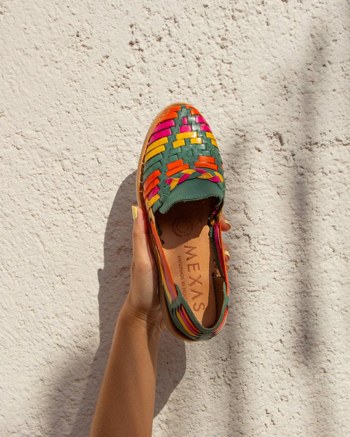 MEXAS FOLKLORE huaraches in green, yellow and pink braided leather, handmade in Mexico