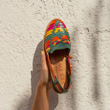 MEXAS FOLKLORE huaraches in green, yellow and pink braided leather, handmade in Mexico