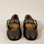 MICUIR Danseur de Roche black Mary Jane flats, front view showing the eyelet strap