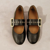 MICUIR Danseur de Roche black Mary Jane flats seen from above, gold eyelets and buckle