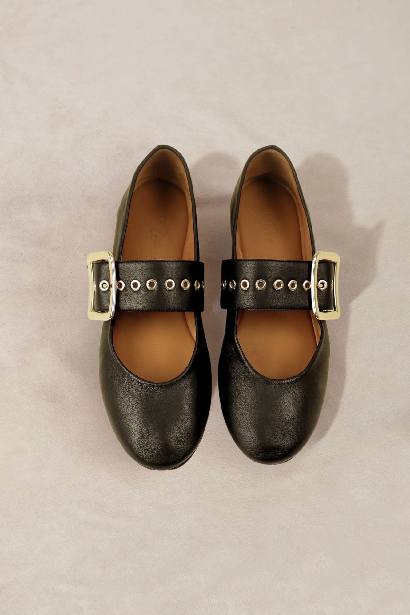 MICUIR Danseur de Roche black Mary Jane flats seen from above, gold eyelets and buckle