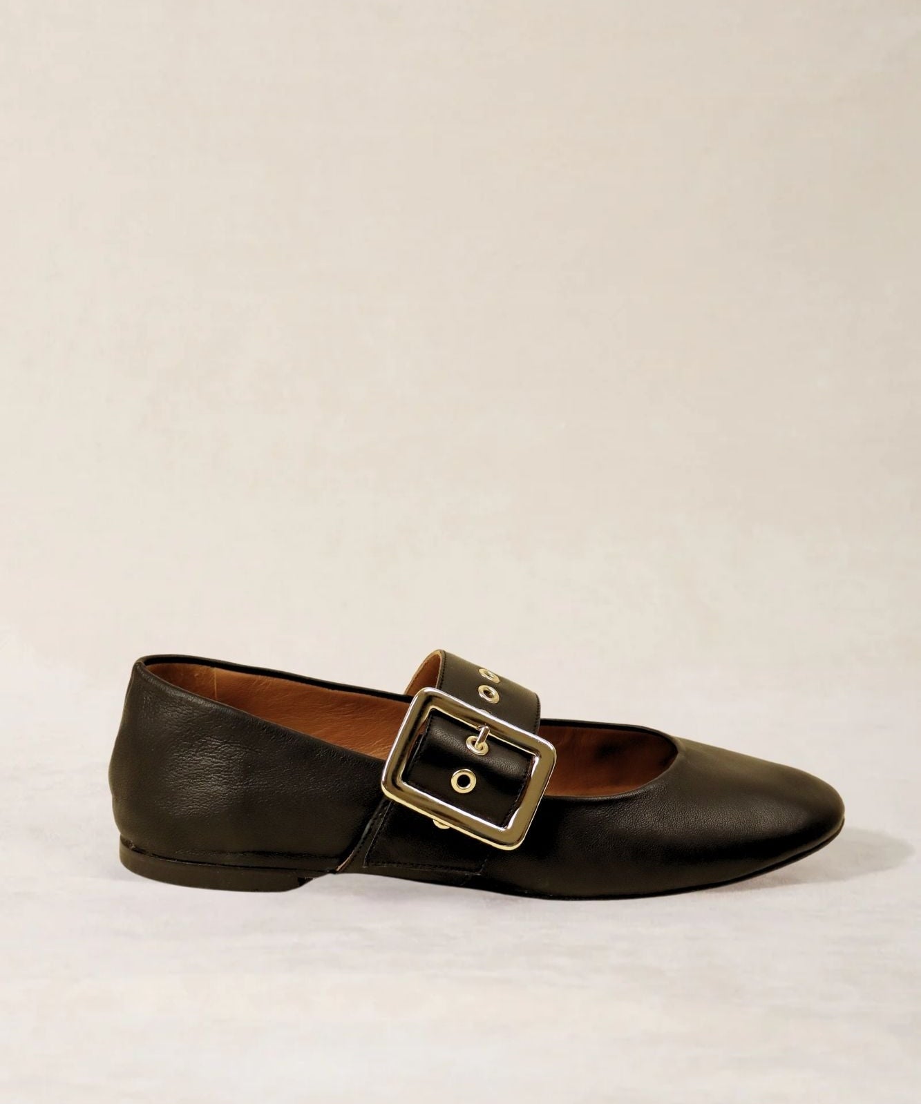 MICUIR Danseur de Roche black leather Mary Jane flat with gold-plated buckle, side view
